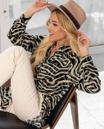 Wzorzysta koszula z długim rękawem w kolorze zielonym